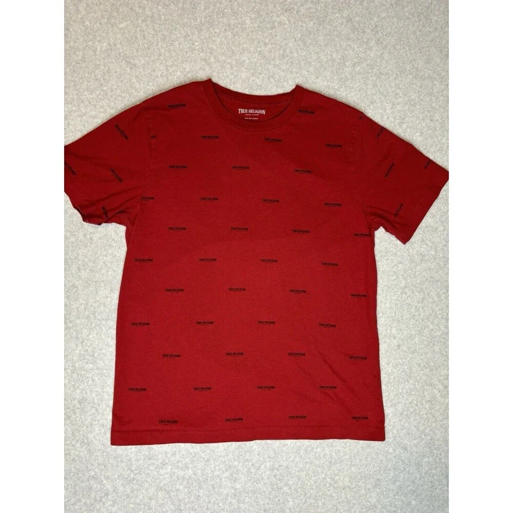 True Religion Mens Shirt All Over Print Red Crew Neck 100% Cotton Size Large‎